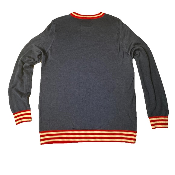 Tipsy Elves Size L Big Package Ugly Christmas Sweater Navy Blue Red White Stripe - Picture 2 of 7